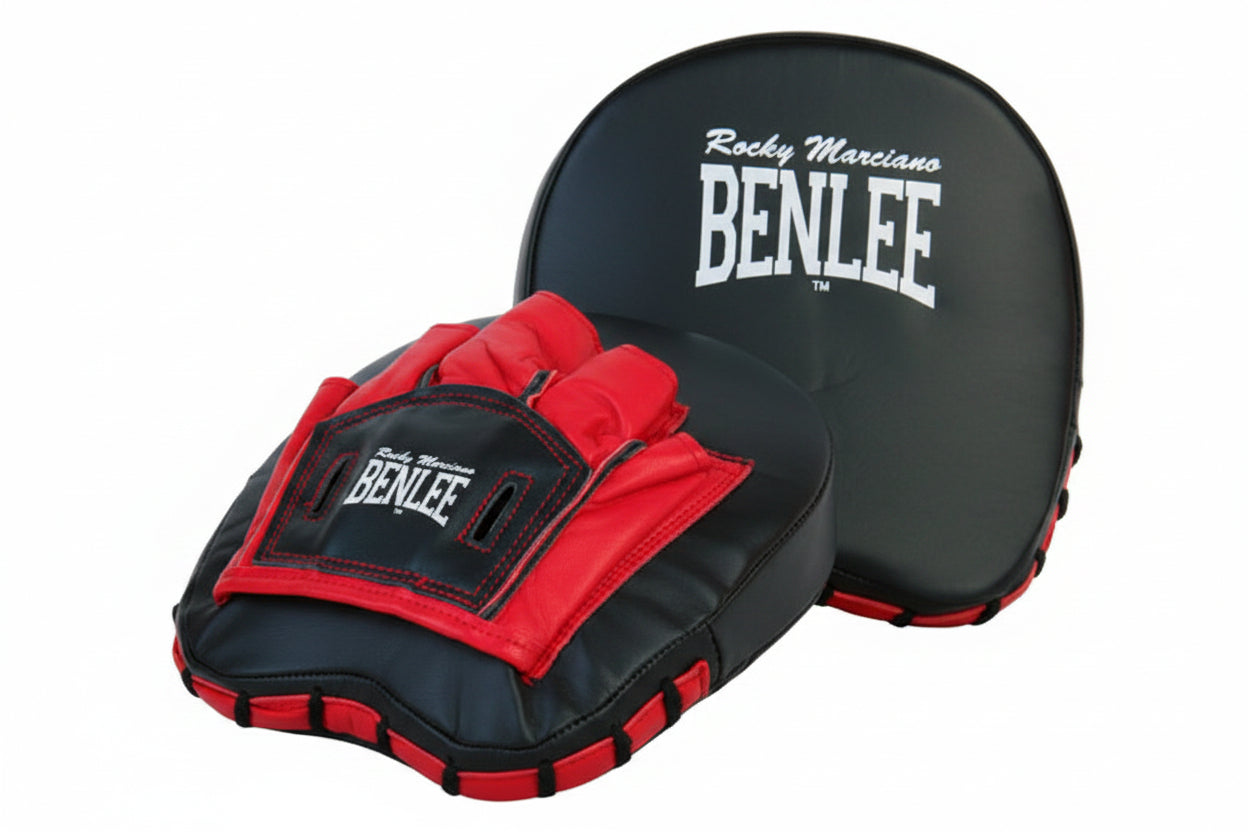 Front view of pair of black and red leather BenLee Boon Pads compatit hitters