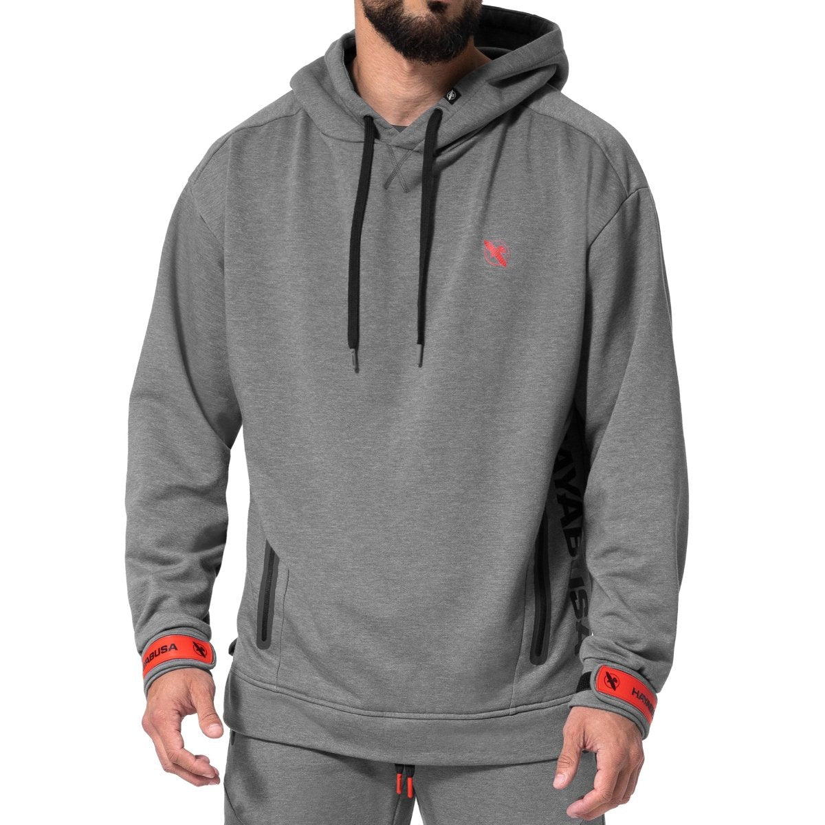 Tampak depan hoodie Hayabusa Midweight Pullover melange abu-abu tua, dengan manset yang dapat disesuaikan dan saku teknis