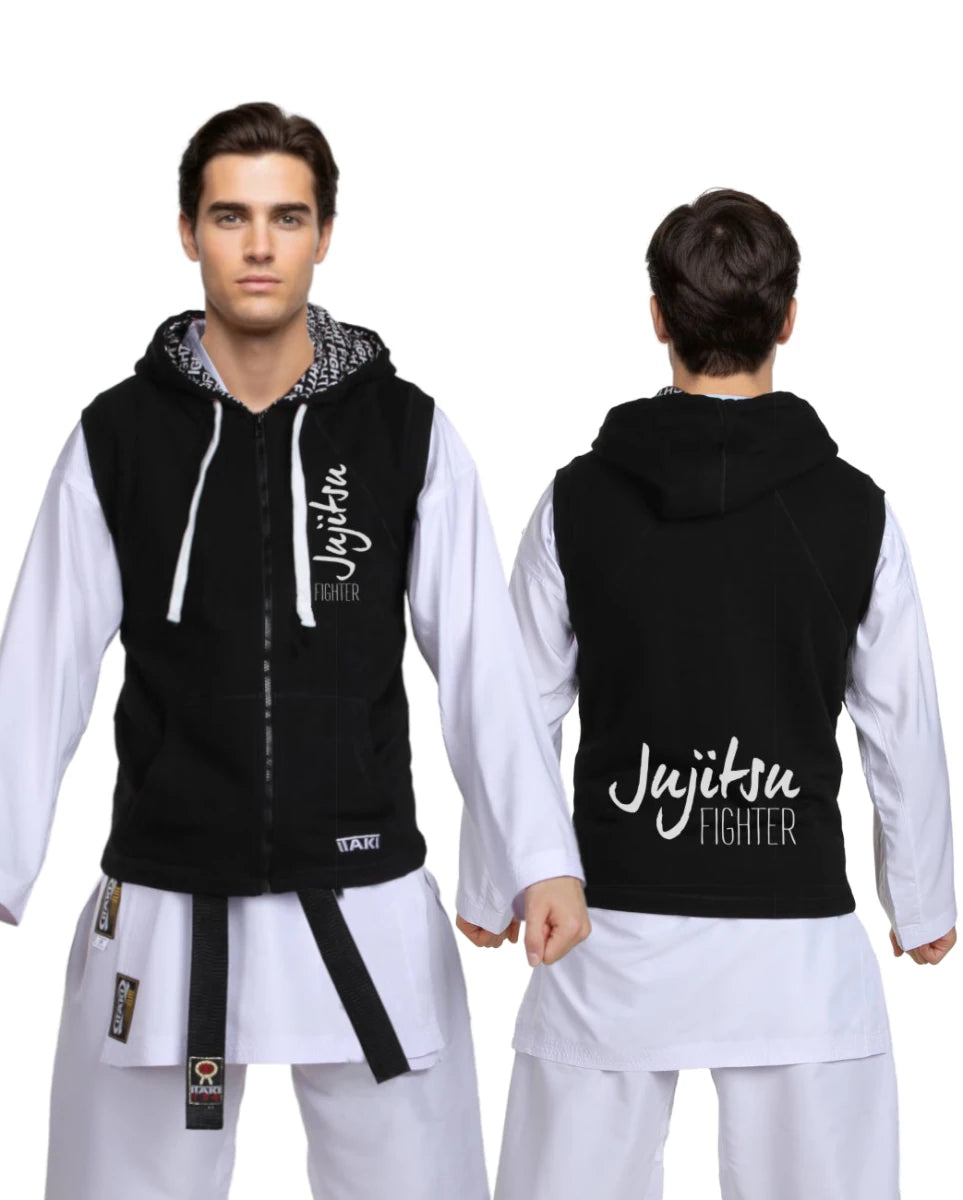 Sudadera Itaki Jiu Jitsu negra sin mangas con capucha y cremallera para deportistas de BJJ