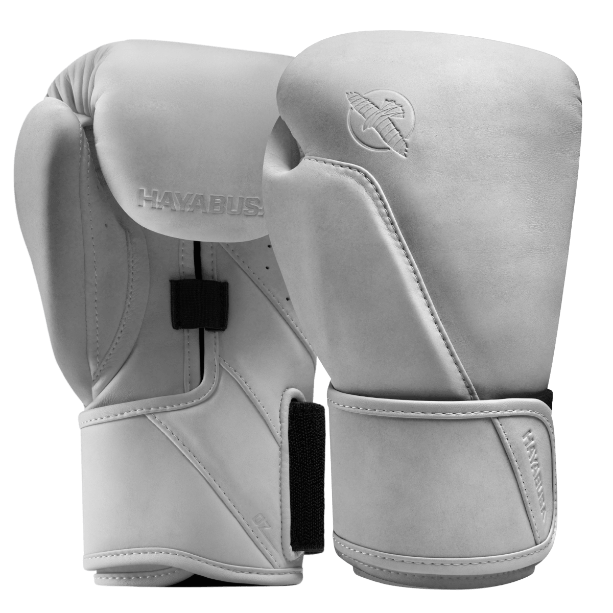 Pair of Hayabusa T360 boxing gloves in Sea Smoke white, high quality aniline leather