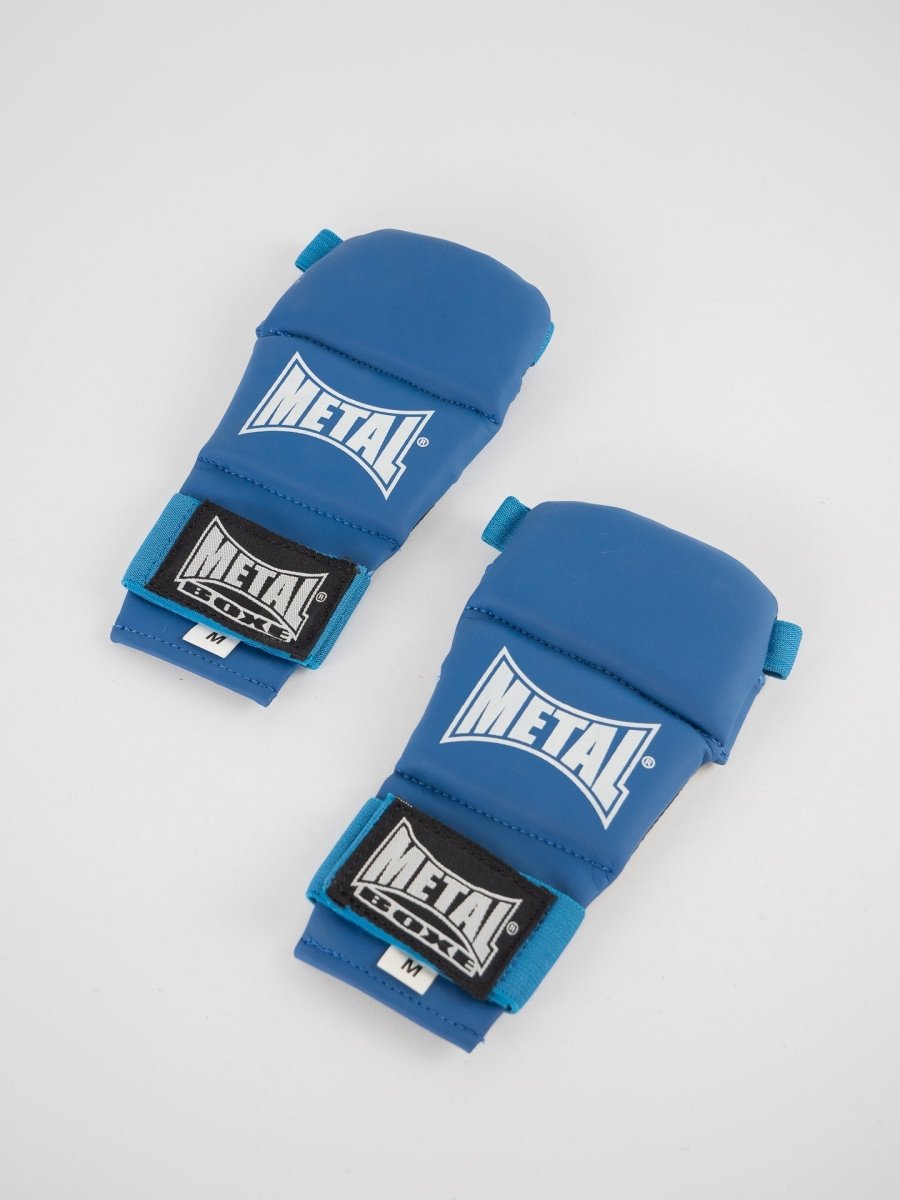 Vista frontal de guantes de Metal Boxing Ju Jitsu azules, diseño ergonómico para lucha libre.