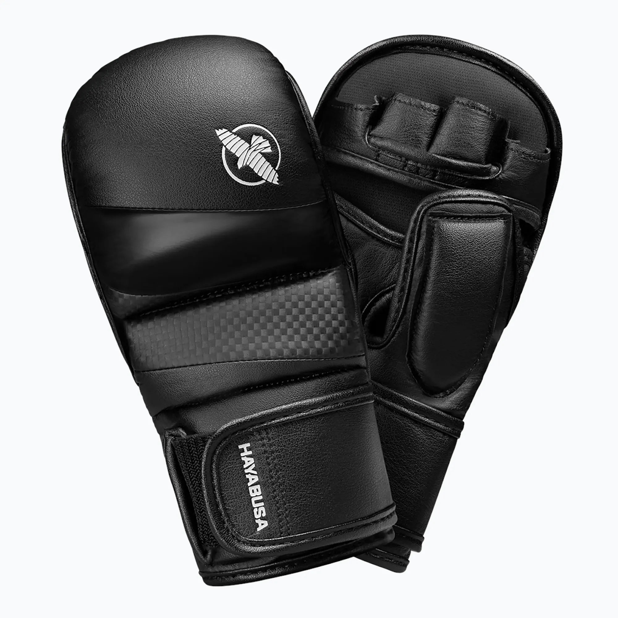 Guanti MMA Hayabusa T3 Hybrid 7oz neri, vista frontale dell'attrezzatura professionale per sport da combattimento.