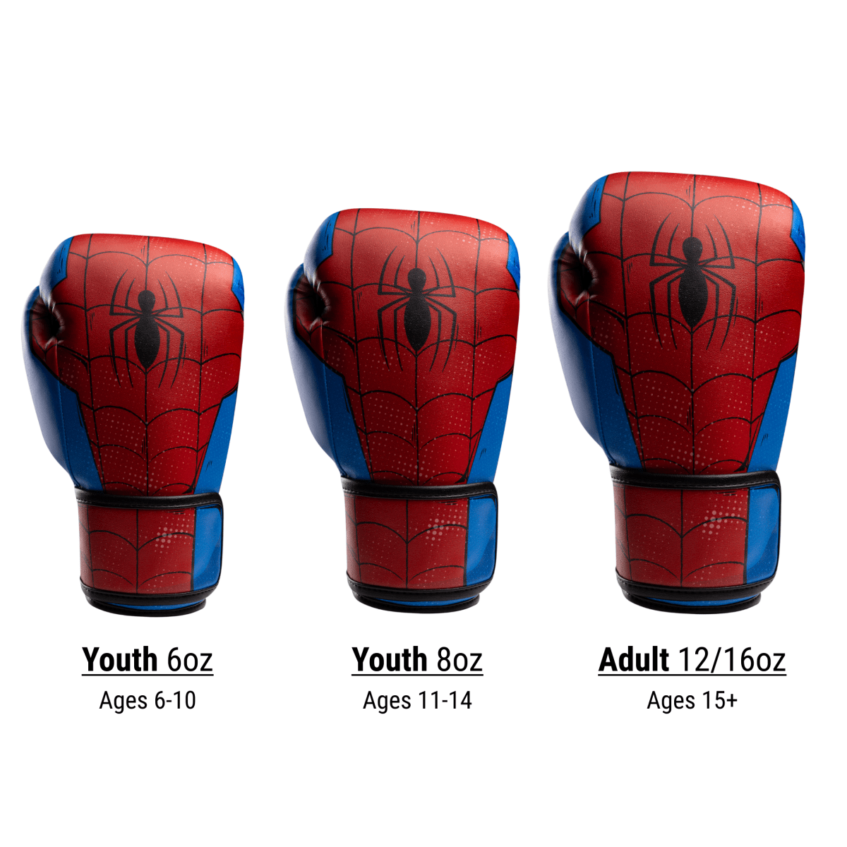 Tabela de tamanhos das luvas do Homem-Aranha divididas em tamanhos infantil e adulto