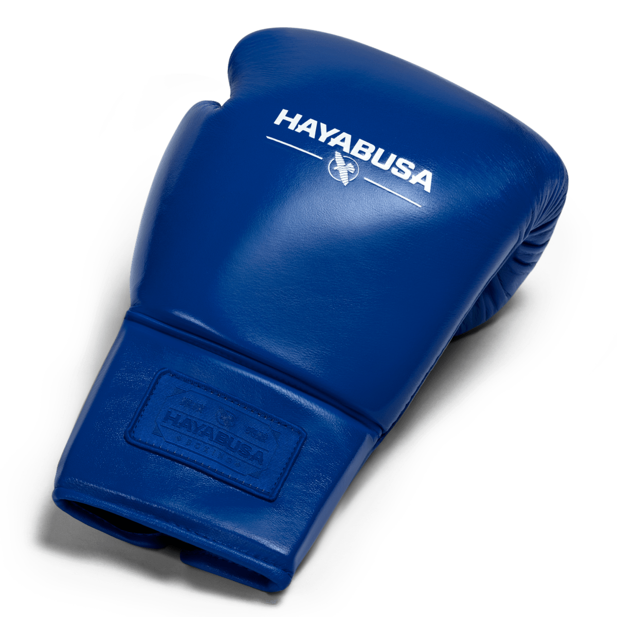 Vista superior de uma única luva de boxe Hayabusa Pro Lace azul cobalto, mostrando o acolchoamento e o couro de flor integral