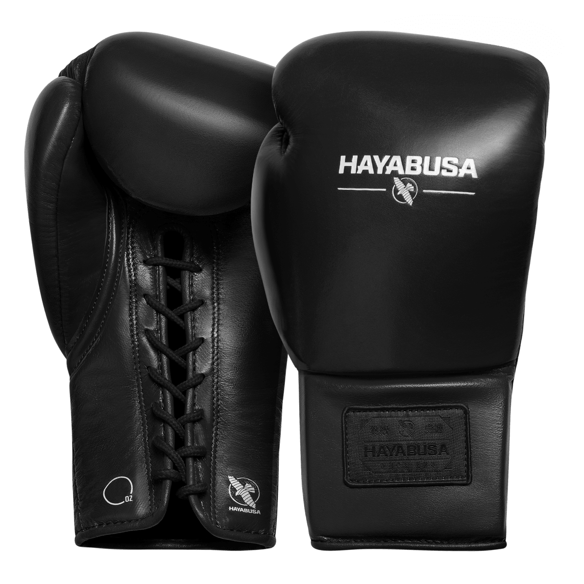 Pereche de mănuși de box Hayabusa Pro Lace negre, vedere de ansamblu cu geantă din microfibră