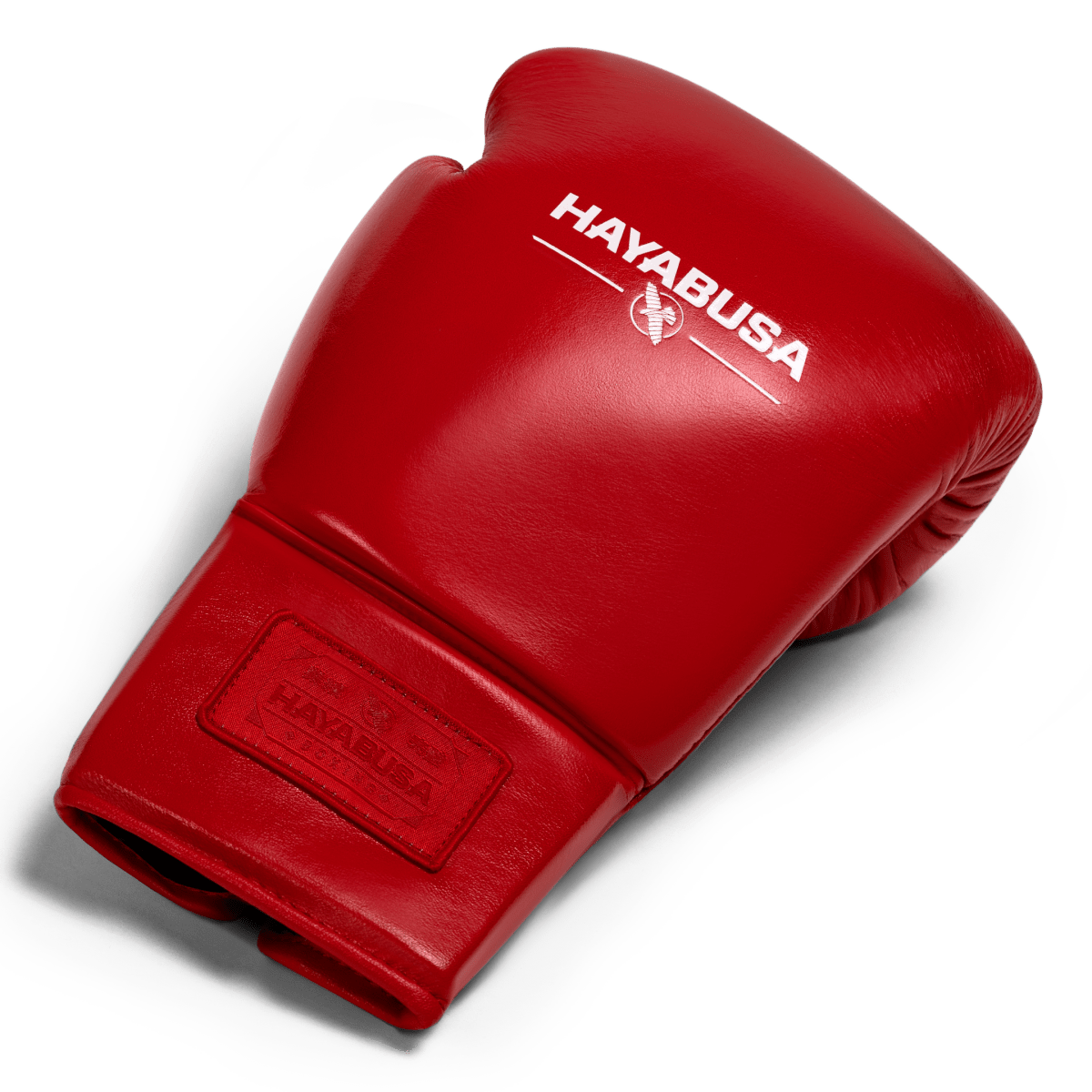 Vista superior de uma única luva de boxe Hayabusa Pro Lace vermelha, mostrando o acolchoamento e o couro de flor integral
