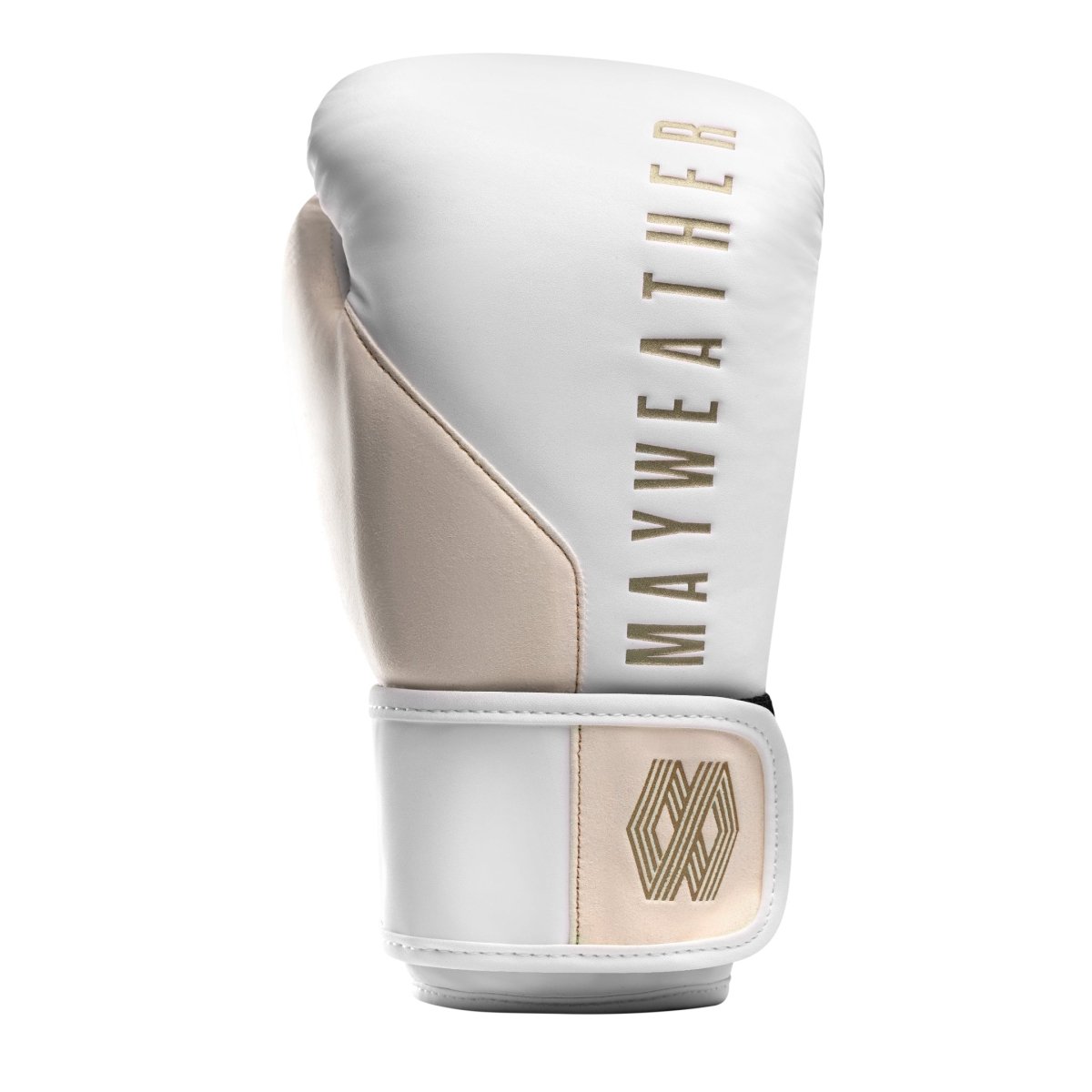 Détail du système de fermeture Dual-X et du support de poignet Triple-Splint des gants Mayweather Champ en or blanc