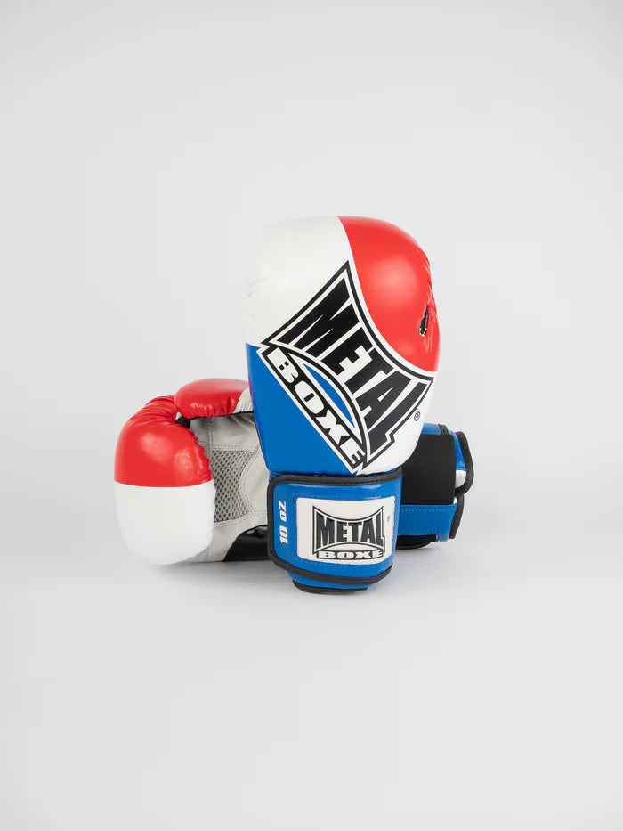 Vista frontale dei guantoni Metal Boxe Competition tricolore blu bianco rosso
