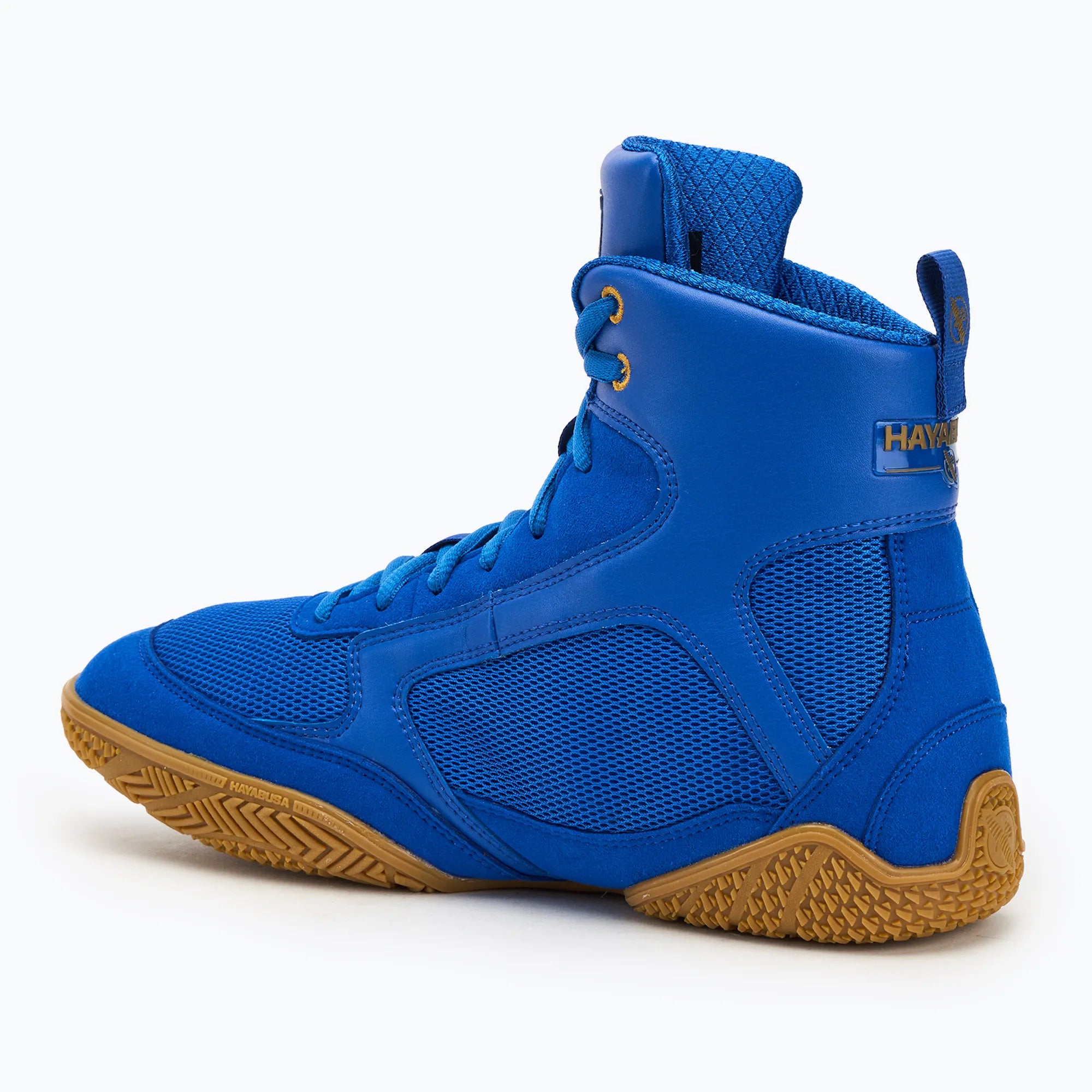 Vista laterale scarpe boxe blu Hayabusa Pro in mesh traspirante.