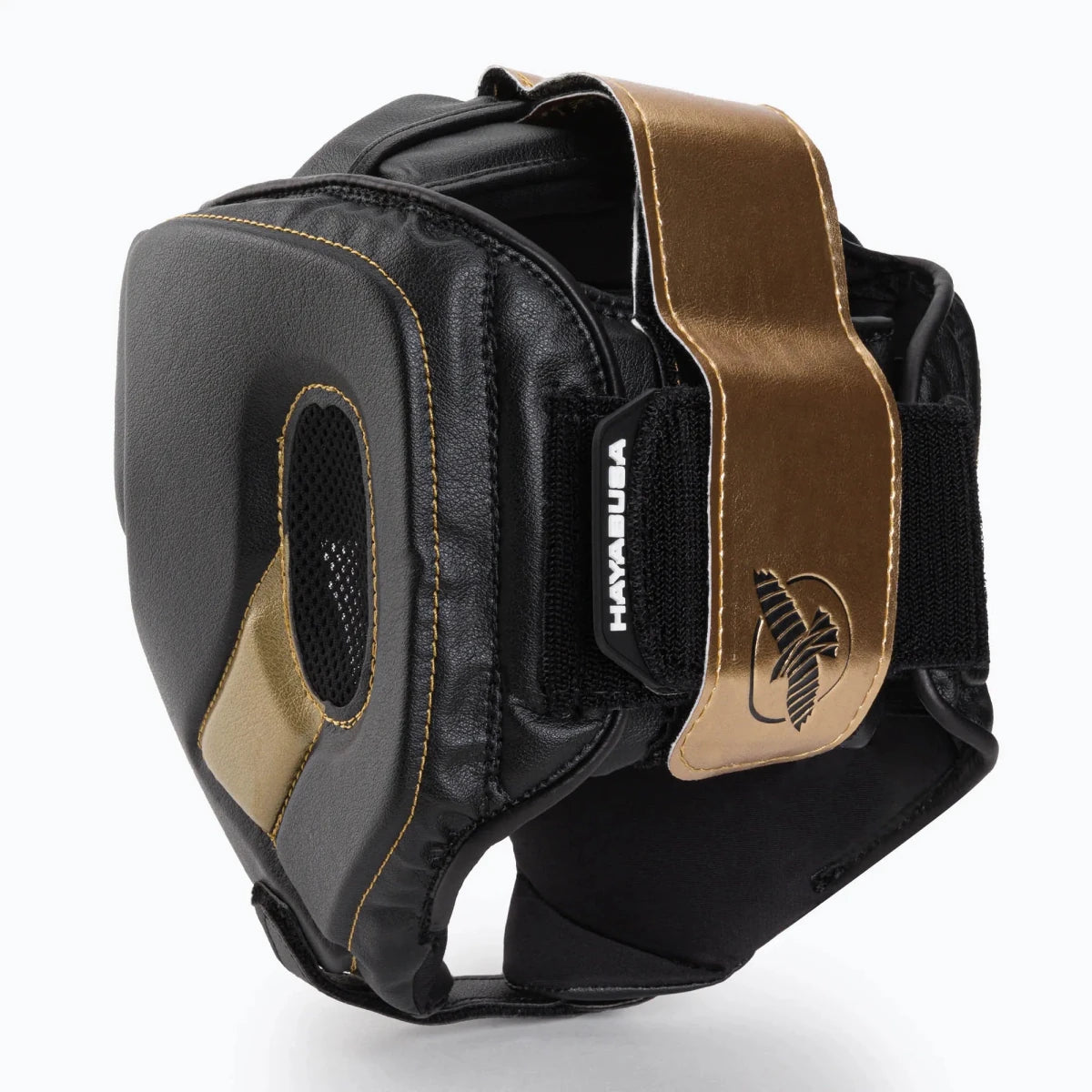 Casco profesional Hayabusa T3 negro dorado con sistema de cordones T-Cross.