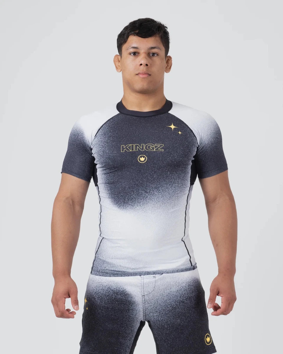 Front view of the Kingz Galaxy rashguard with space graphics for Jiu Jitsu and MMA