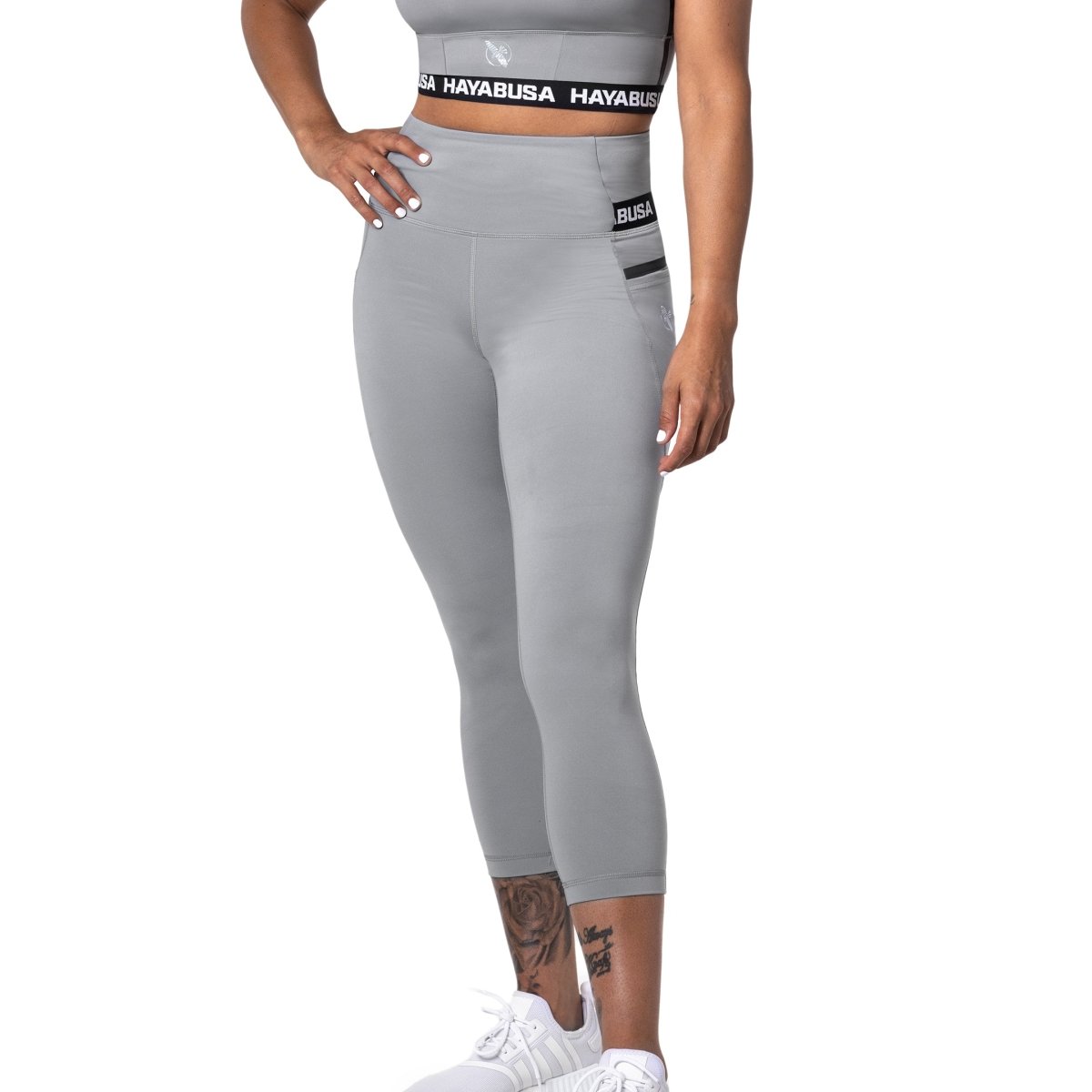 Vue de face du legging 3/4 gris femme Hayabusa High Rise à coupe ergonomique