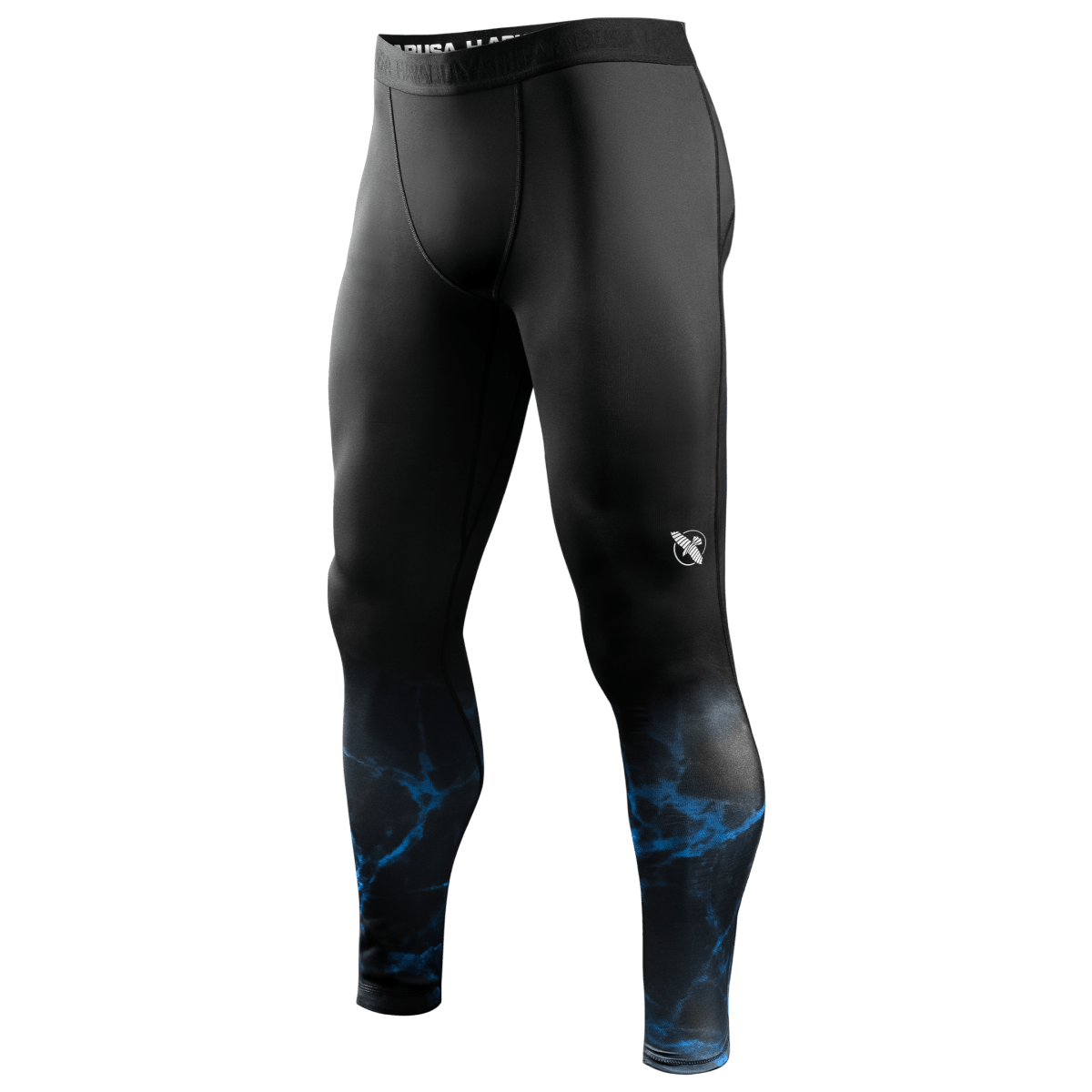 Vue de face du legging de compression officiel UFC BJJ Spats en noir avec accents et logos bleus
