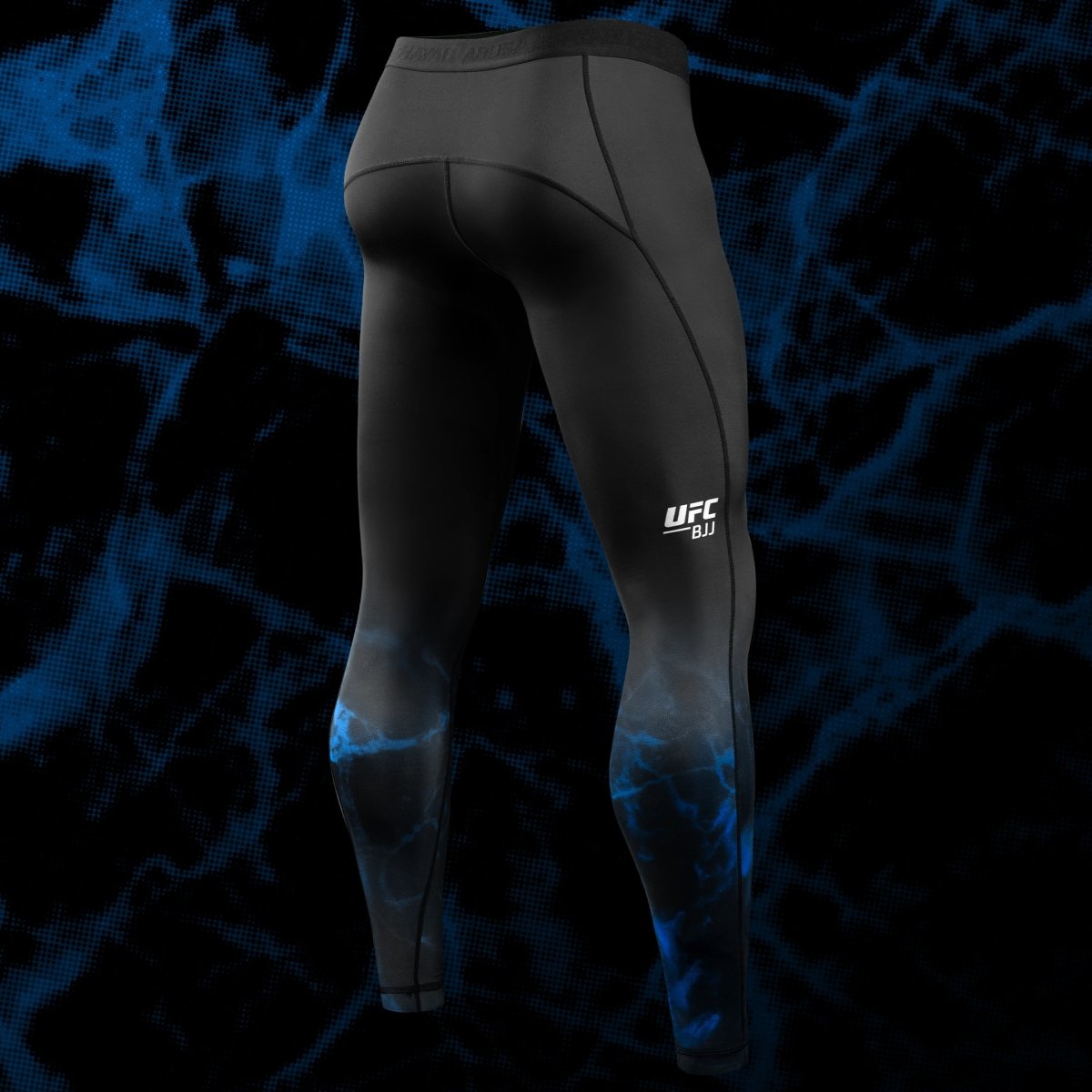 Vue arrière du legging UFC BJJ Spats noir et bleu, mettant en évidence la ceinture antidérapante