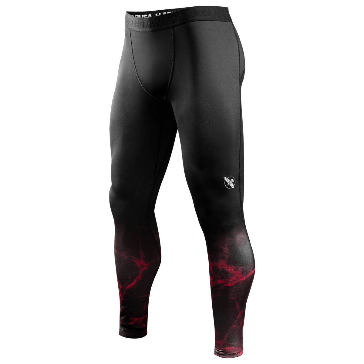 Front view of the black UFC BJJ Spats compression leggings with red details and logos
