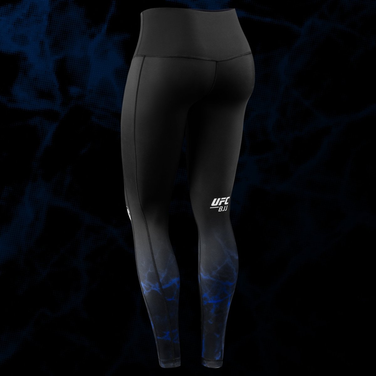 Rear view of the black and blue women's UFC BJJ leggings, highlighting the elastic waistband