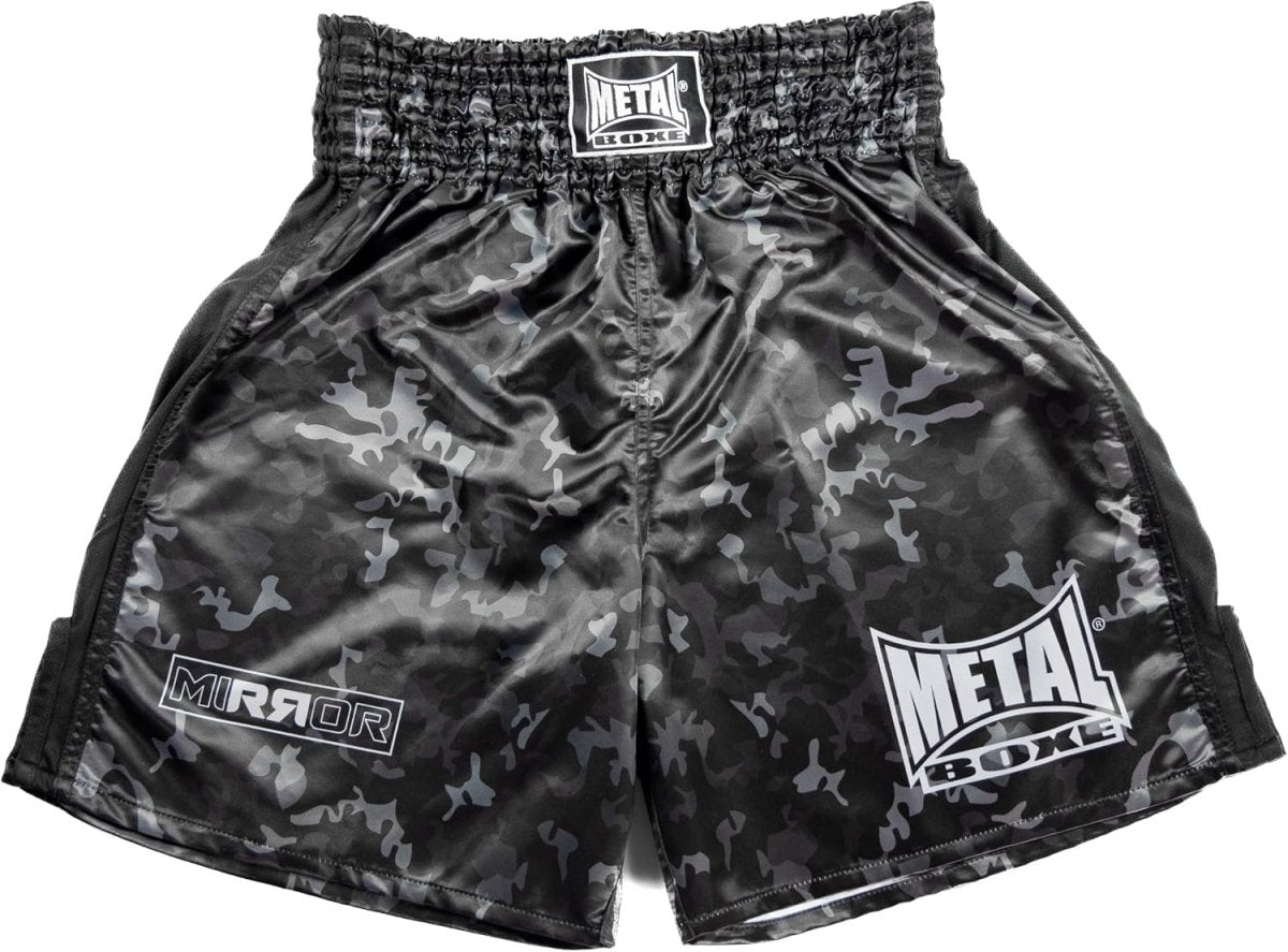Vue principale de face short de boxe anglais Metal Boxe Mirror effet miroir noir brillant