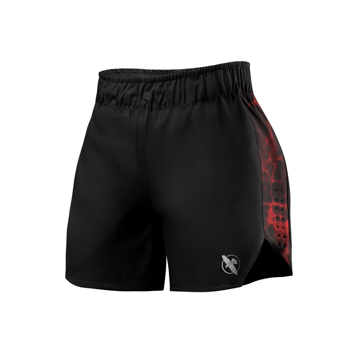 Vista frontal do short feminino de Jiu-Jitsu do UFC na cor preta com detalhes em vermelho, ideal para treinos intensos