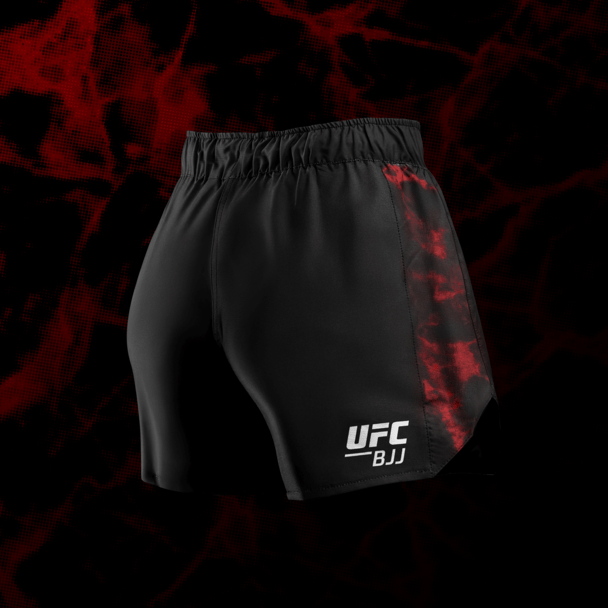 Zadní pohled na dámské šortky UFC BJJ černo/červené, laserem střižený ventilační systém