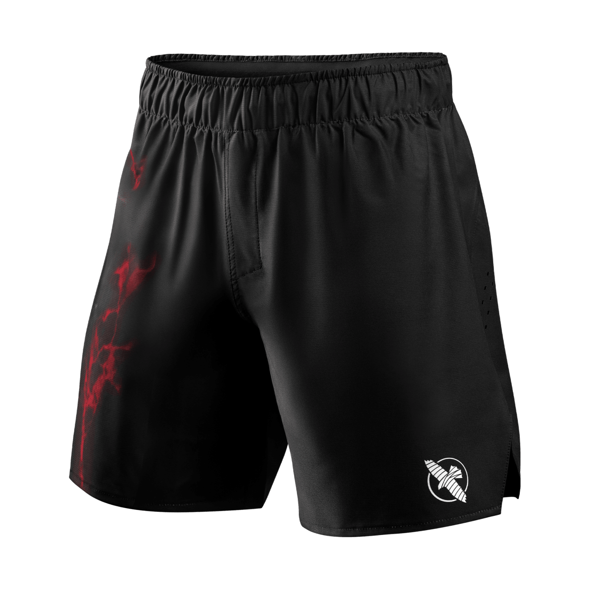 Vista frontal do short oficial de Jiu-Jitsu do UFC em preto com detalhes em vermelho e cós adaptável