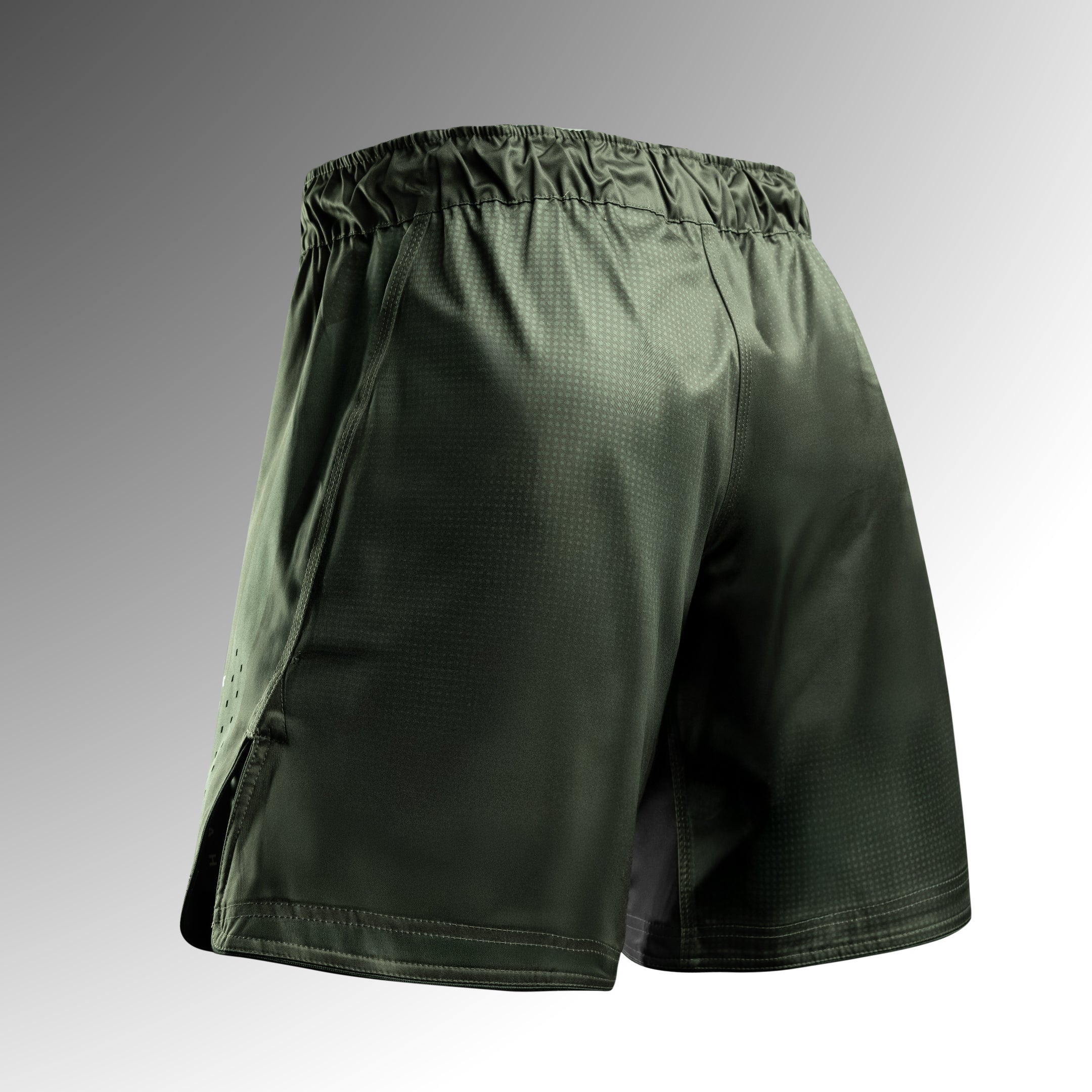 Vista posteriore dei pantaloncini MMA Hayabusa Core 3/4 verdi, cuciture rinforzate flatlock