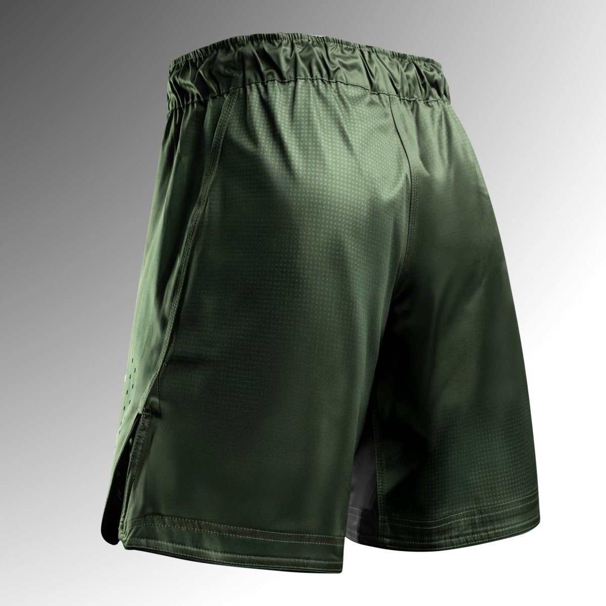 Vista trasera de los Shorts MMA de longitud completa Hayabusa Core verdes, diseño duradero para entrenamientos intensos