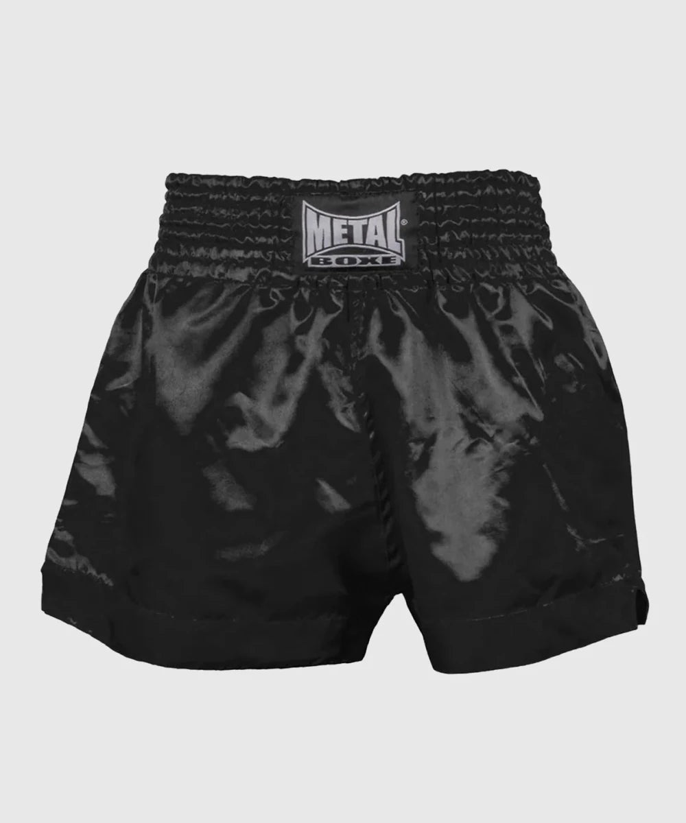 Front view black satin Muay Thai and Kickboxing Metal Boxing shorts