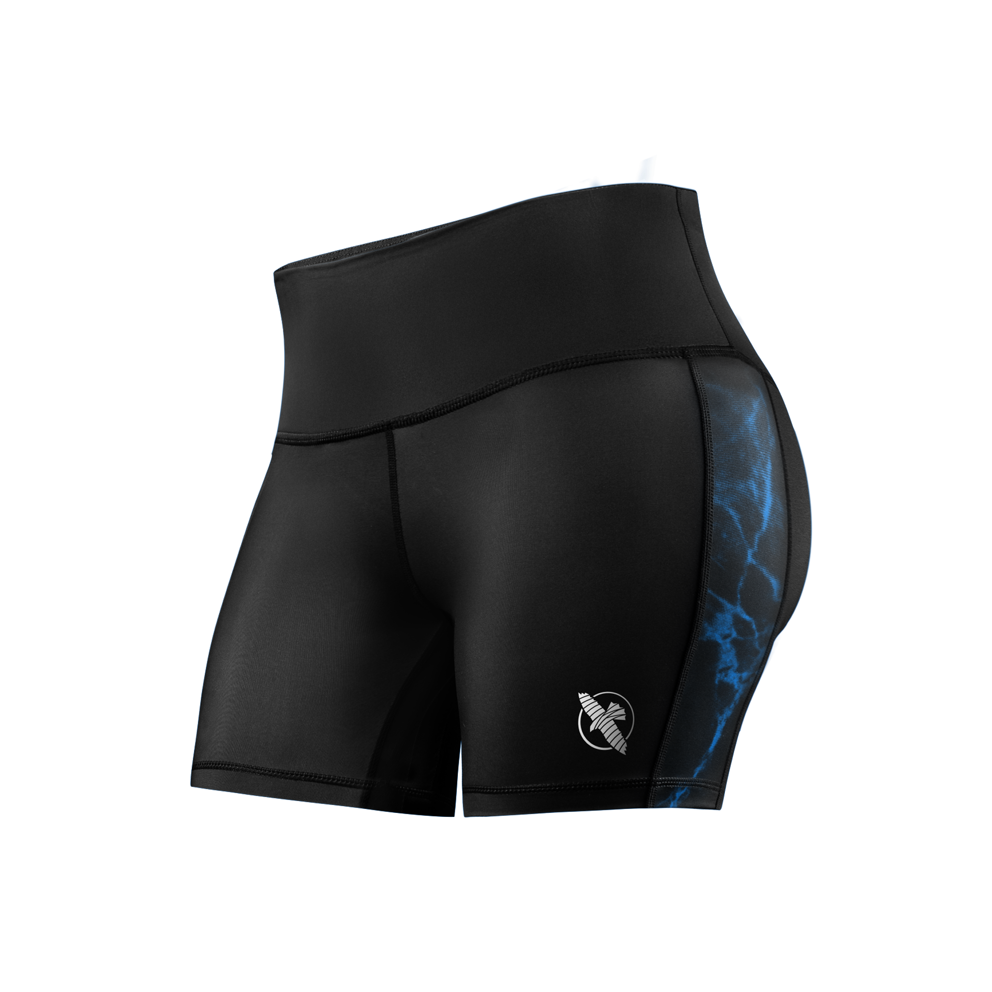 Vista frontale dei pantaloncini Vale Tudo UFC BJJ donna neri con dettagli blu