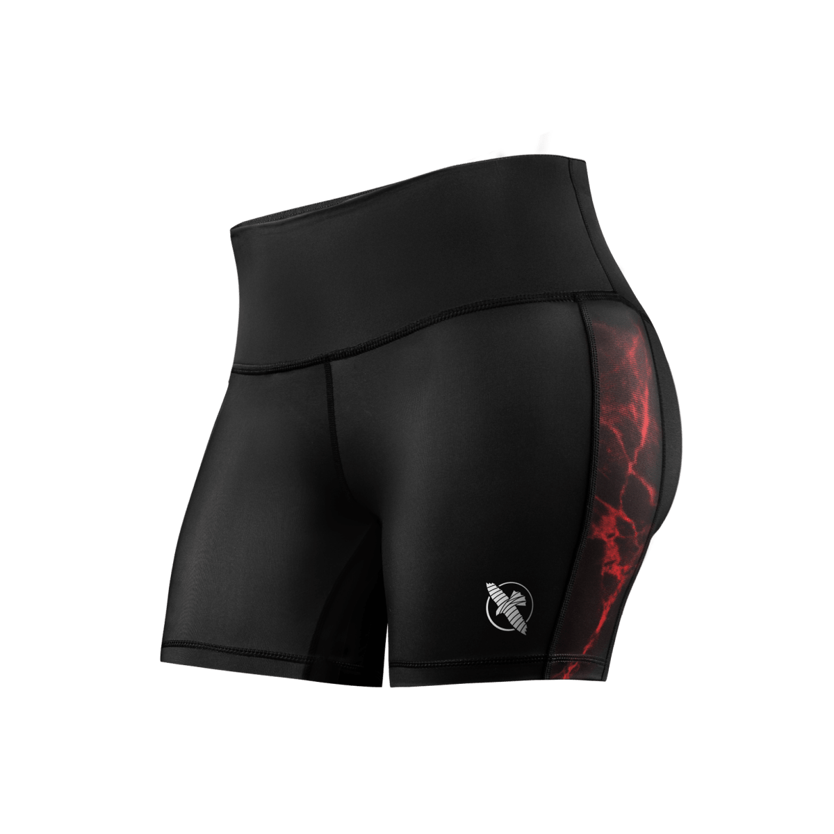 Vista frontal del pantalón corto femenino Vale Tudo UFC BJJ negro con detalles rojos