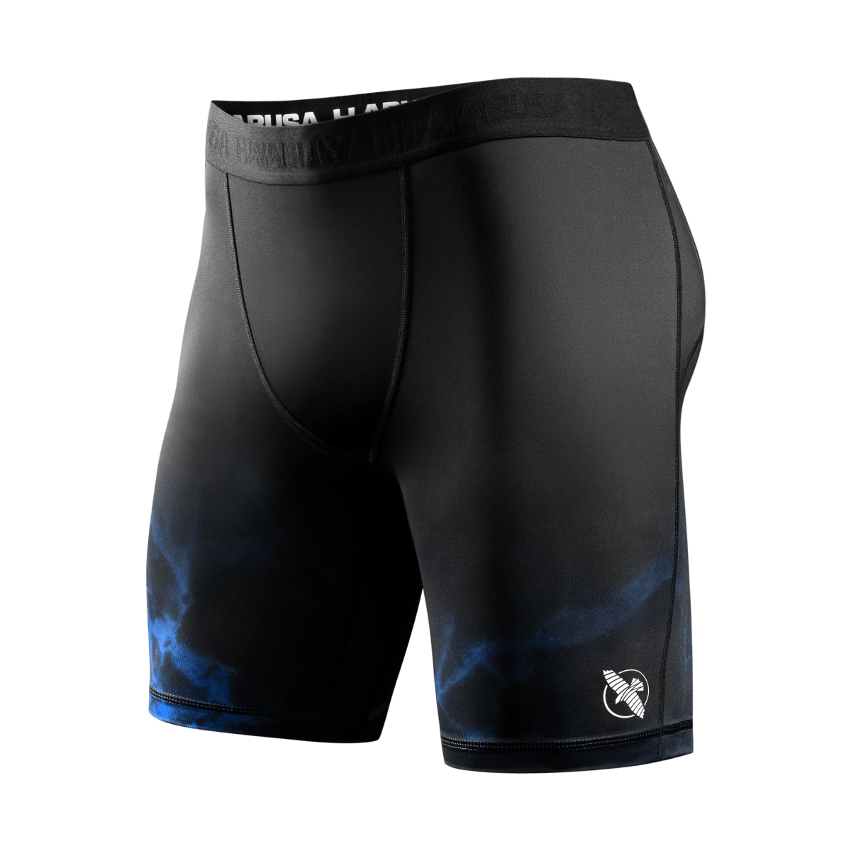 Vista frontal del pantalón corto Vale Tudo UFC BJJ negro azul, diseño ergonómico para Jiu-Jitsu
