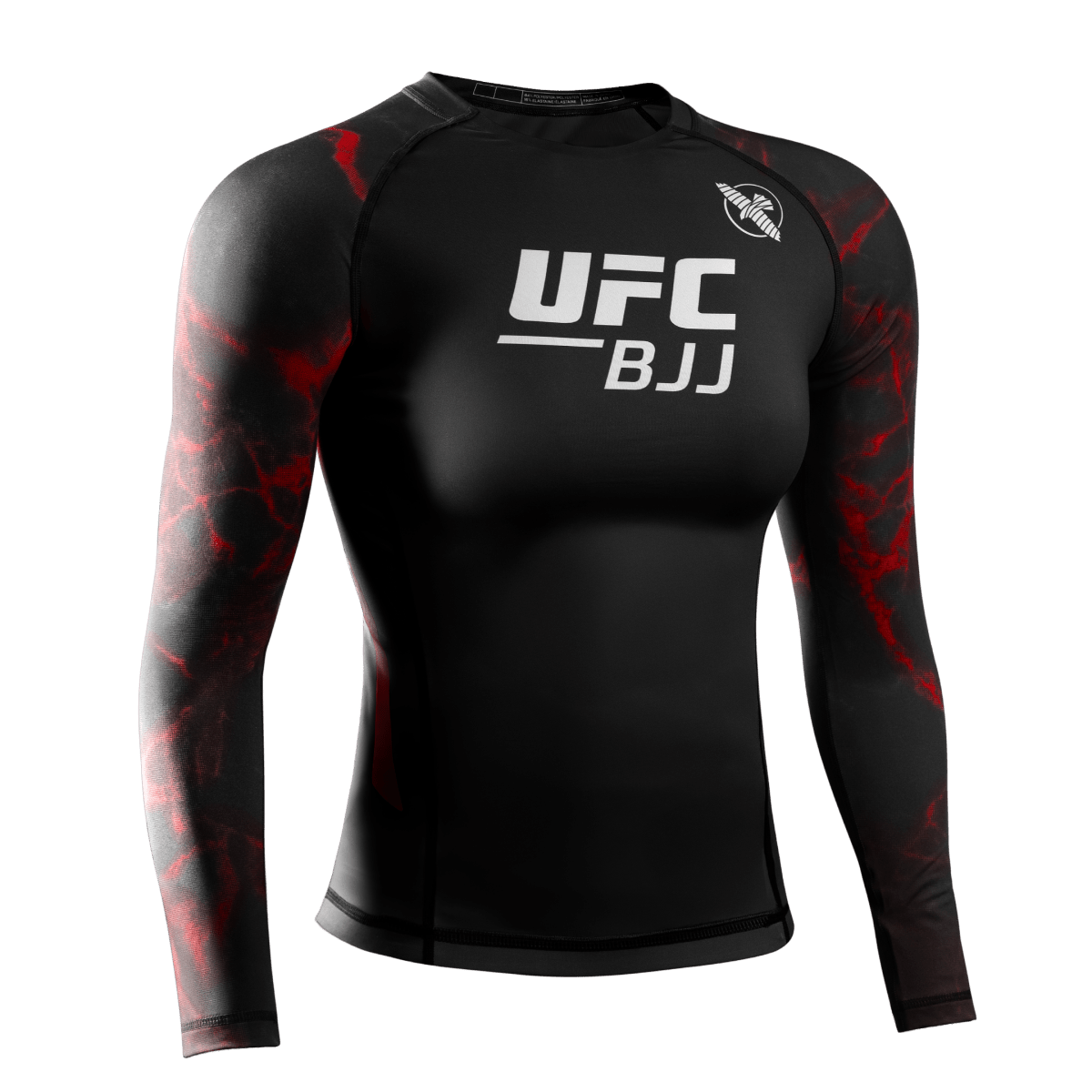 Vista frontal do rash guard feminino de manga comprida do UFC BJJ em preto com detalhes em vermelho, tecido de compressão 200 GSM