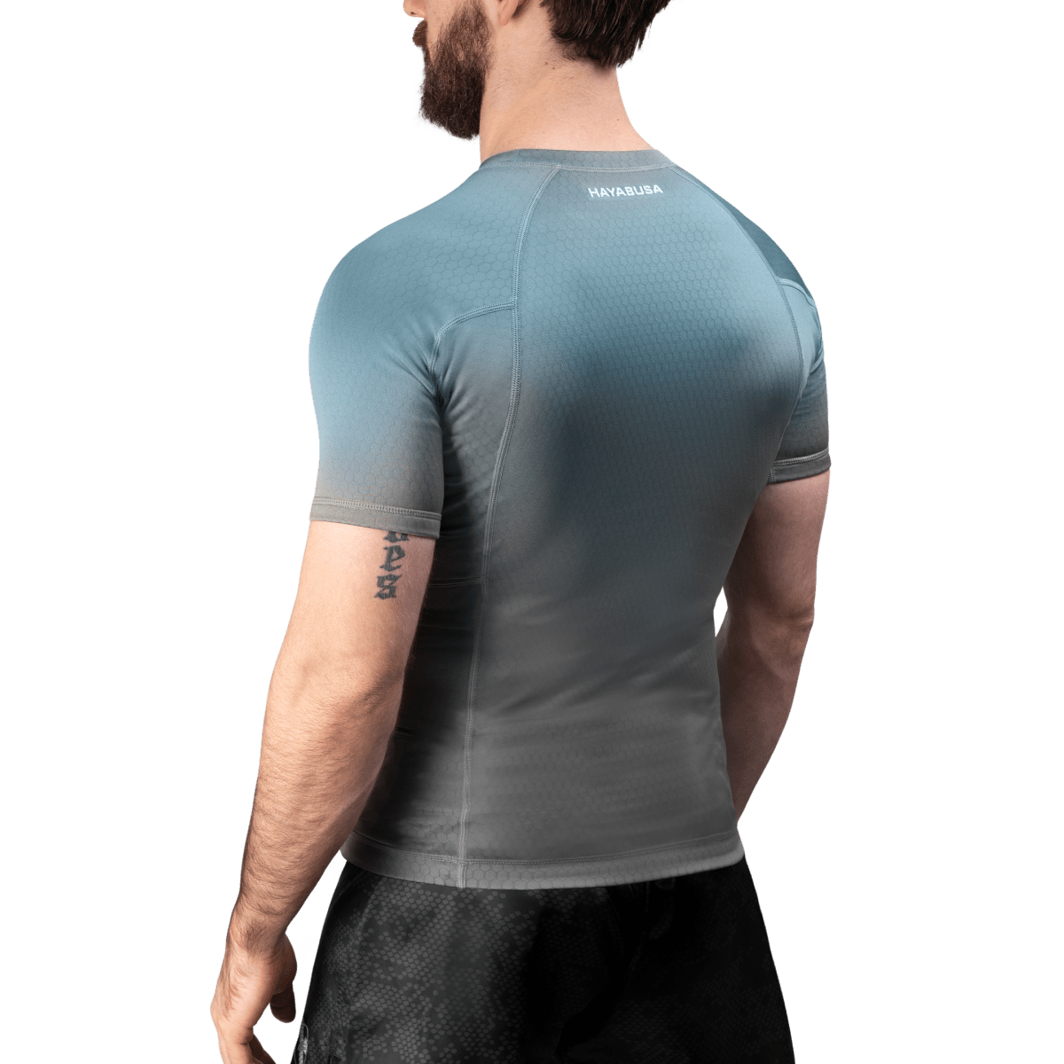 Vista posterior de la lycra Hayabusa Fusion gris/azul claro, material transpirable que absorbe el sudor