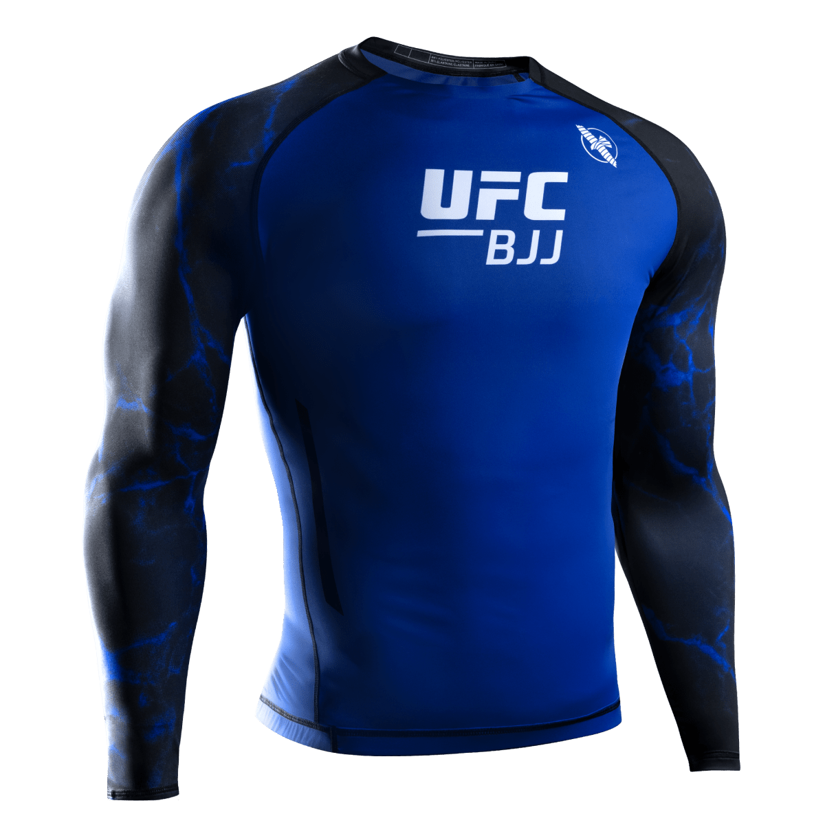 Čelní pohled na oficiální vyrážku UFC BJJ s dlouhým rukávem v černé a modré barvě