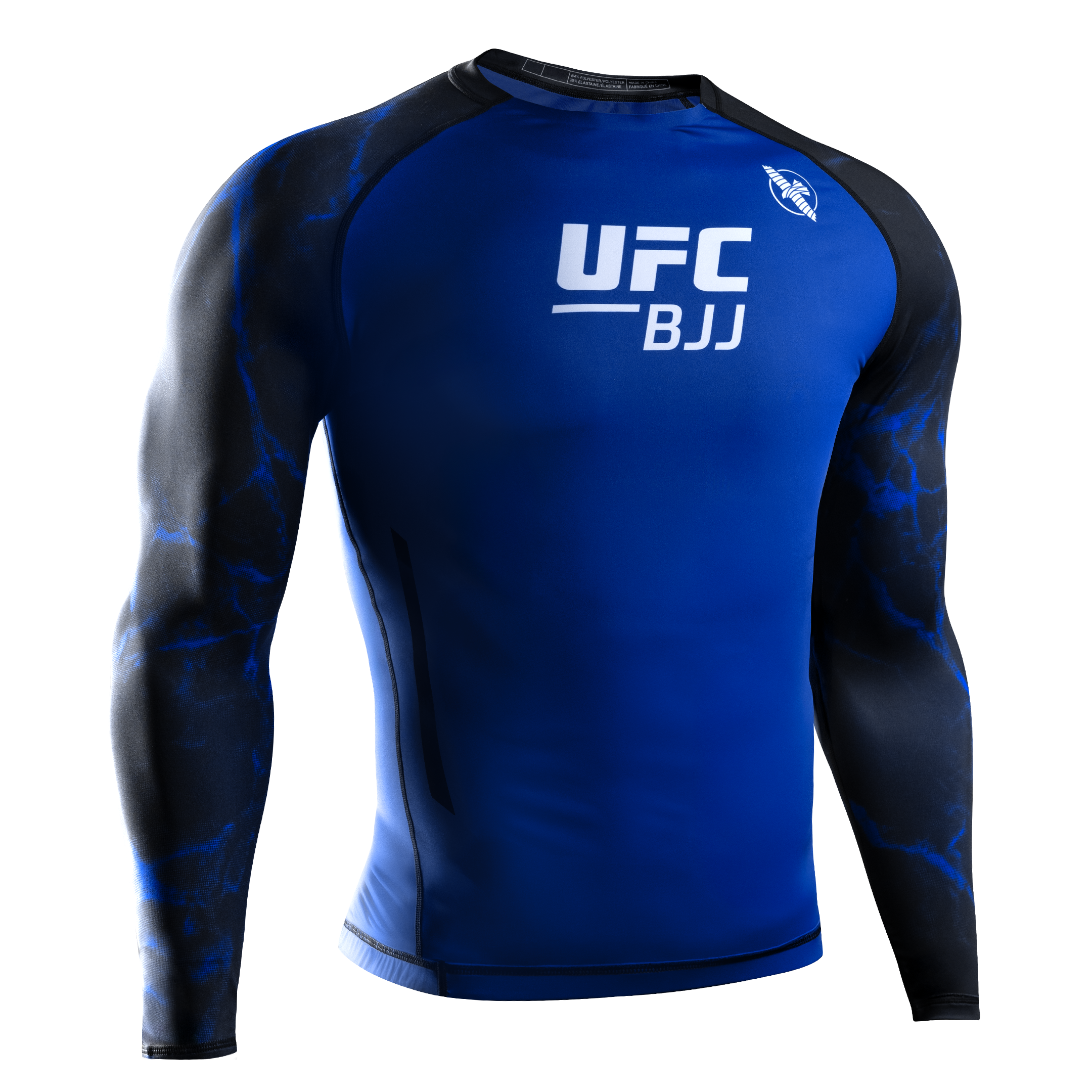 Vista frontale della rash guard ufficiale UFC BJJ a maniche lunghe in colore nero e blu