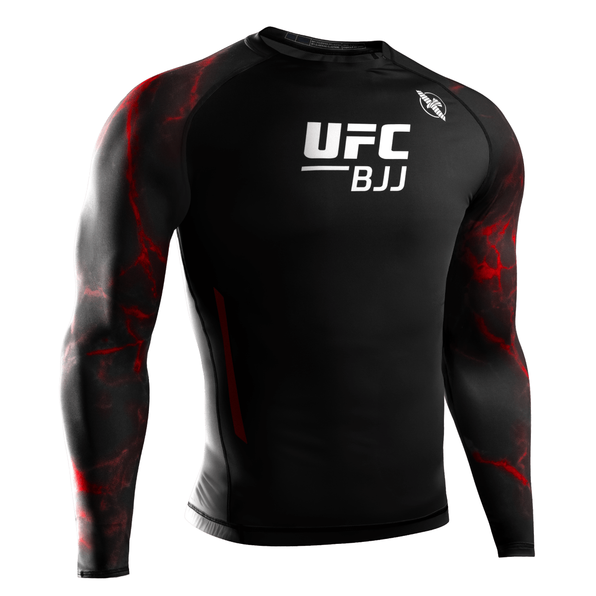 Vista frontal do rash guard oficial de manga comprida do UFC BJJ em preto e vermelho