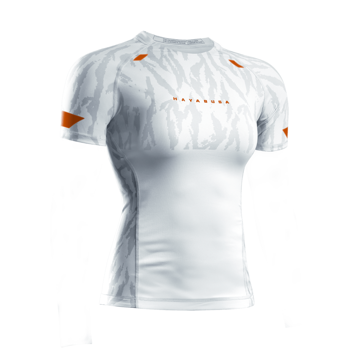 Vista frontal de la licra de mujer Hayabusa Apex blanca con mangas cortas, ideal para grappling y Jiu-Jitsu