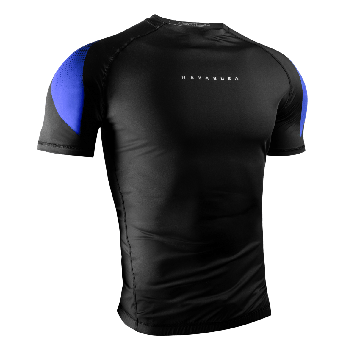 Vista frontal del Rashguard de ajuste de compresión de manga corta azul Hayabusa Pro Clasificado para cinturones azules