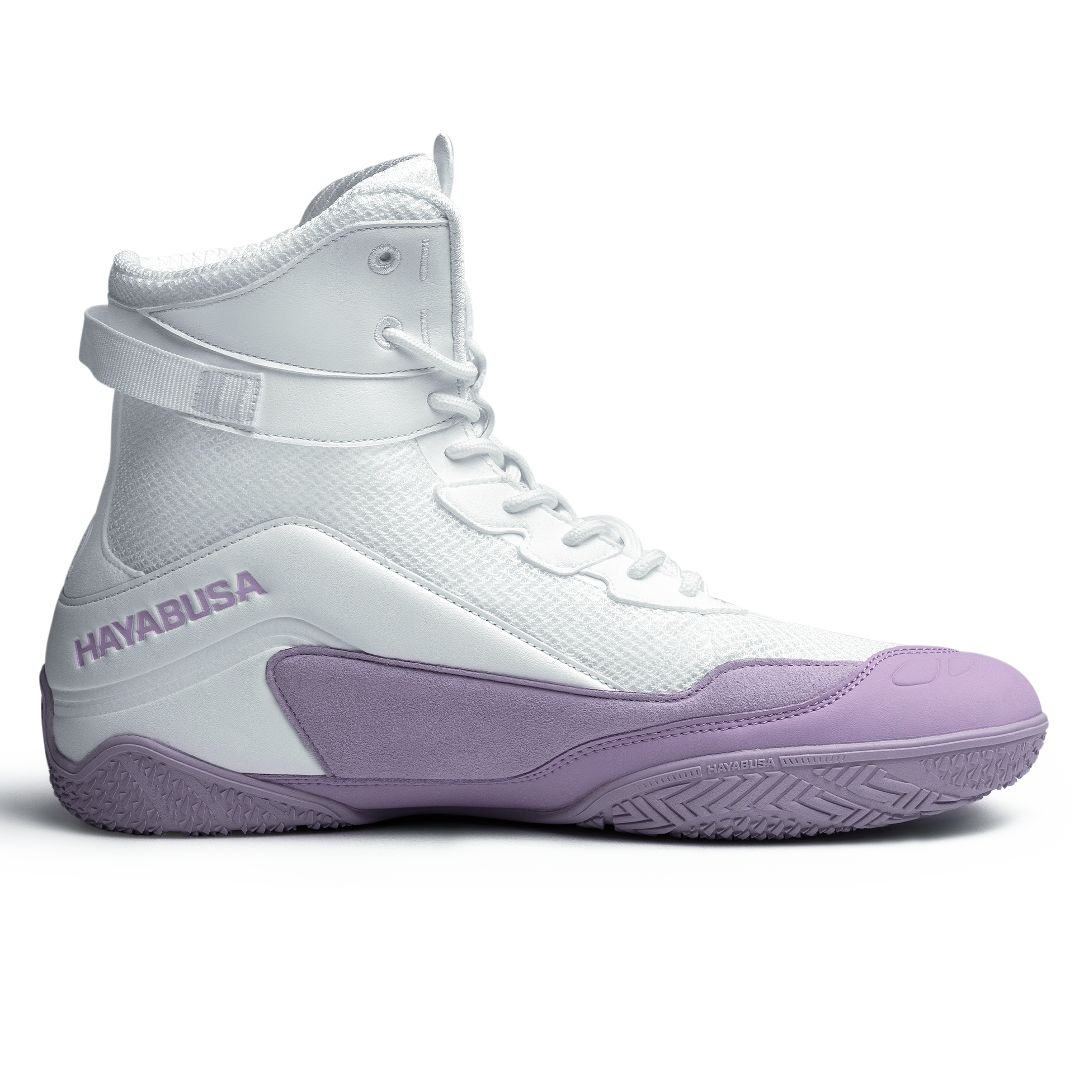 Dettaglio della suola in gomma ad alta trazione delle scarpe Hayabusa Talon bianco lavanda