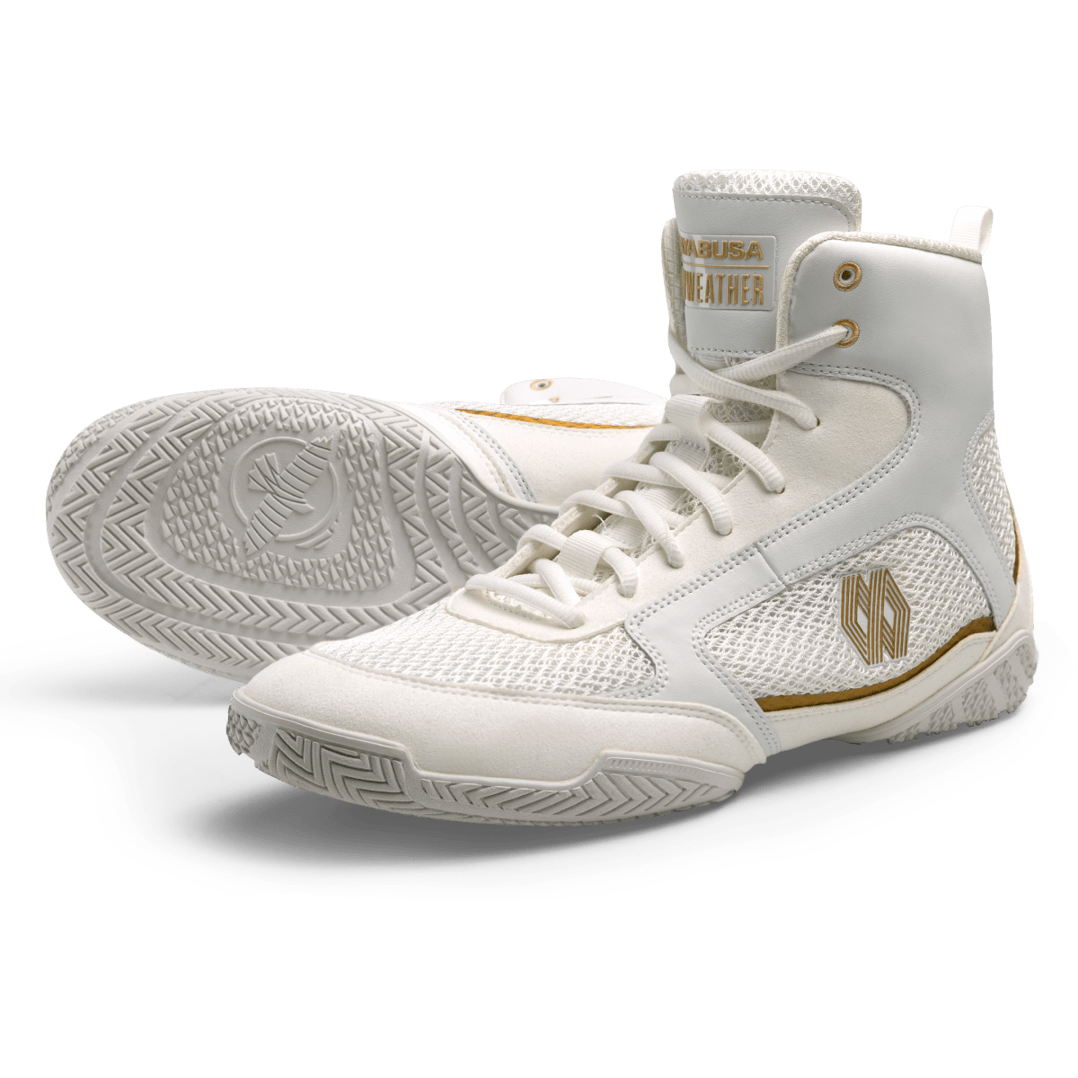 Par de zapatos de boxeo blancos Mayweather Champ vistos desde el frente