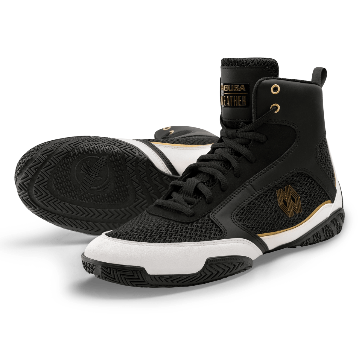 Par de zapatos de boxeo negros Mayweather Champ vistos desde el frente