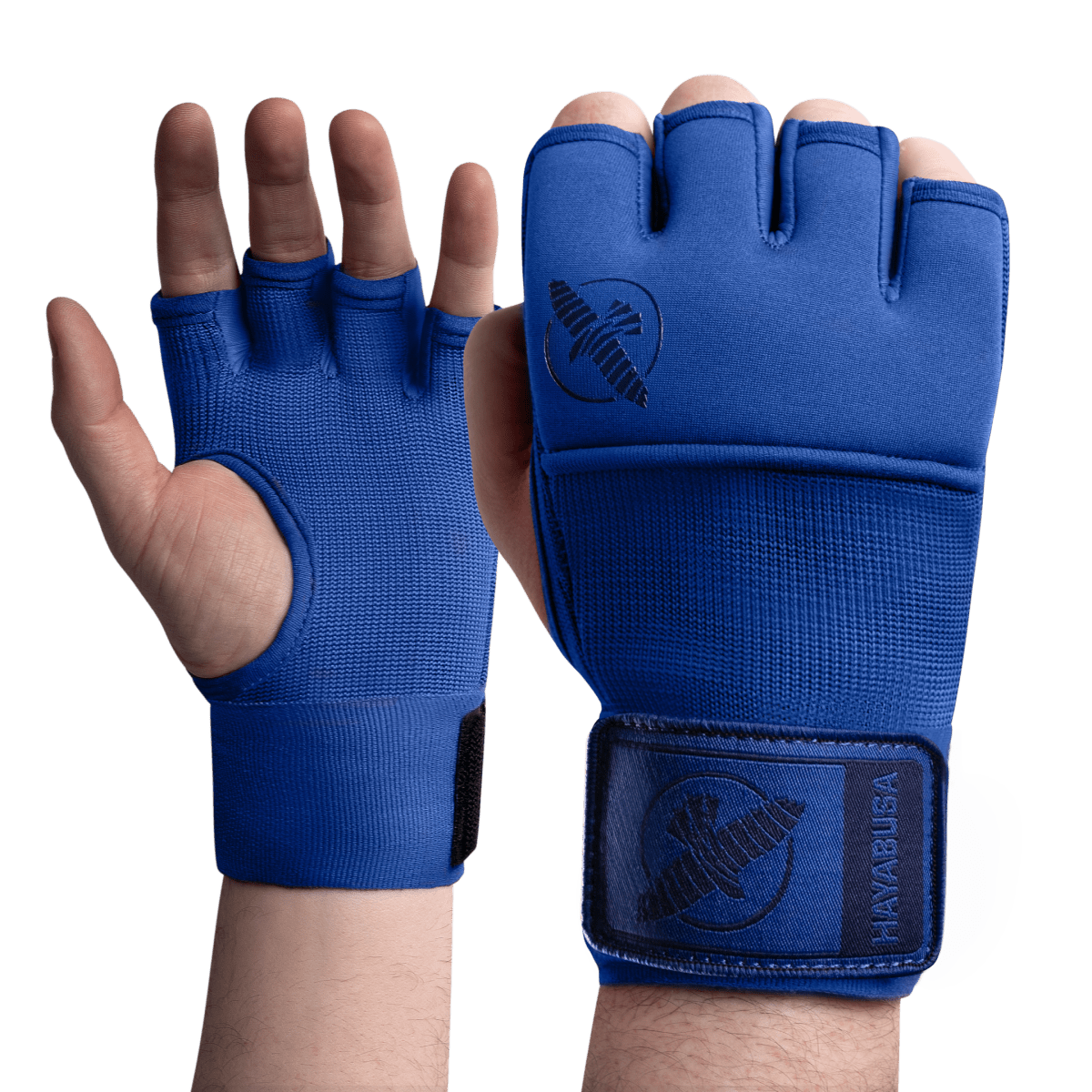Čelní pohled na modré rukavice pro bojové sporty Hayabusa Deluxe Quick Wraps