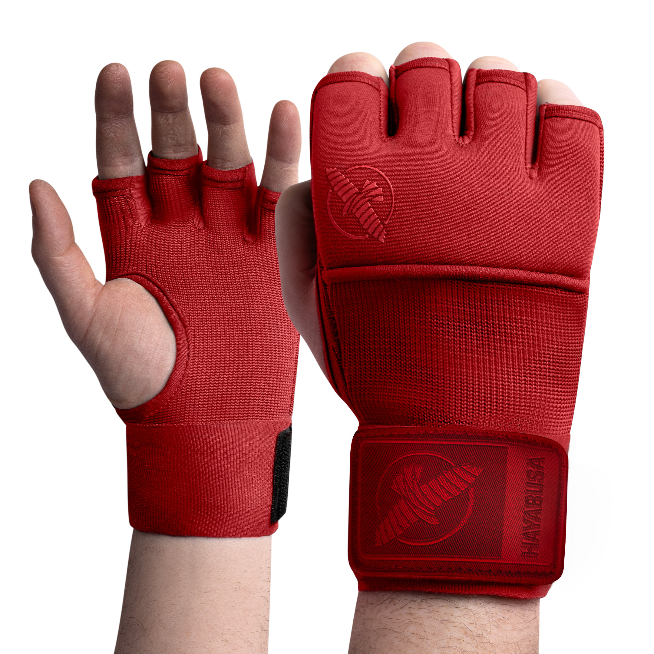 Vista frontale dei sotto-guanti rossi Hayabusa Deluxe Quick Wraps con imbottitura in gel