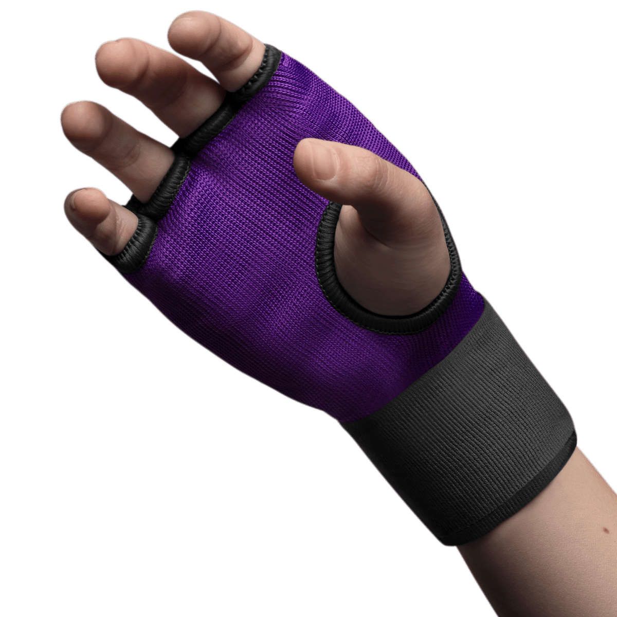 Detalle en primer plano de los nudillos acolchados con gel del botín morado Hayabusa usado