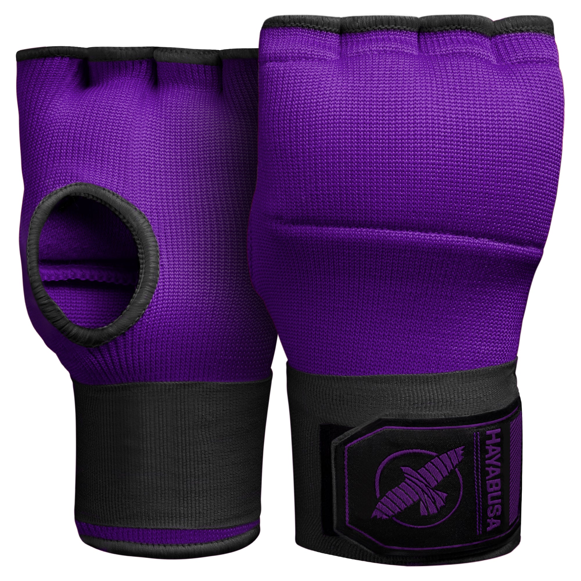 Coppia di sottoguanti in gel Hayabusa Quick Wraps viola e neri, vista frontale