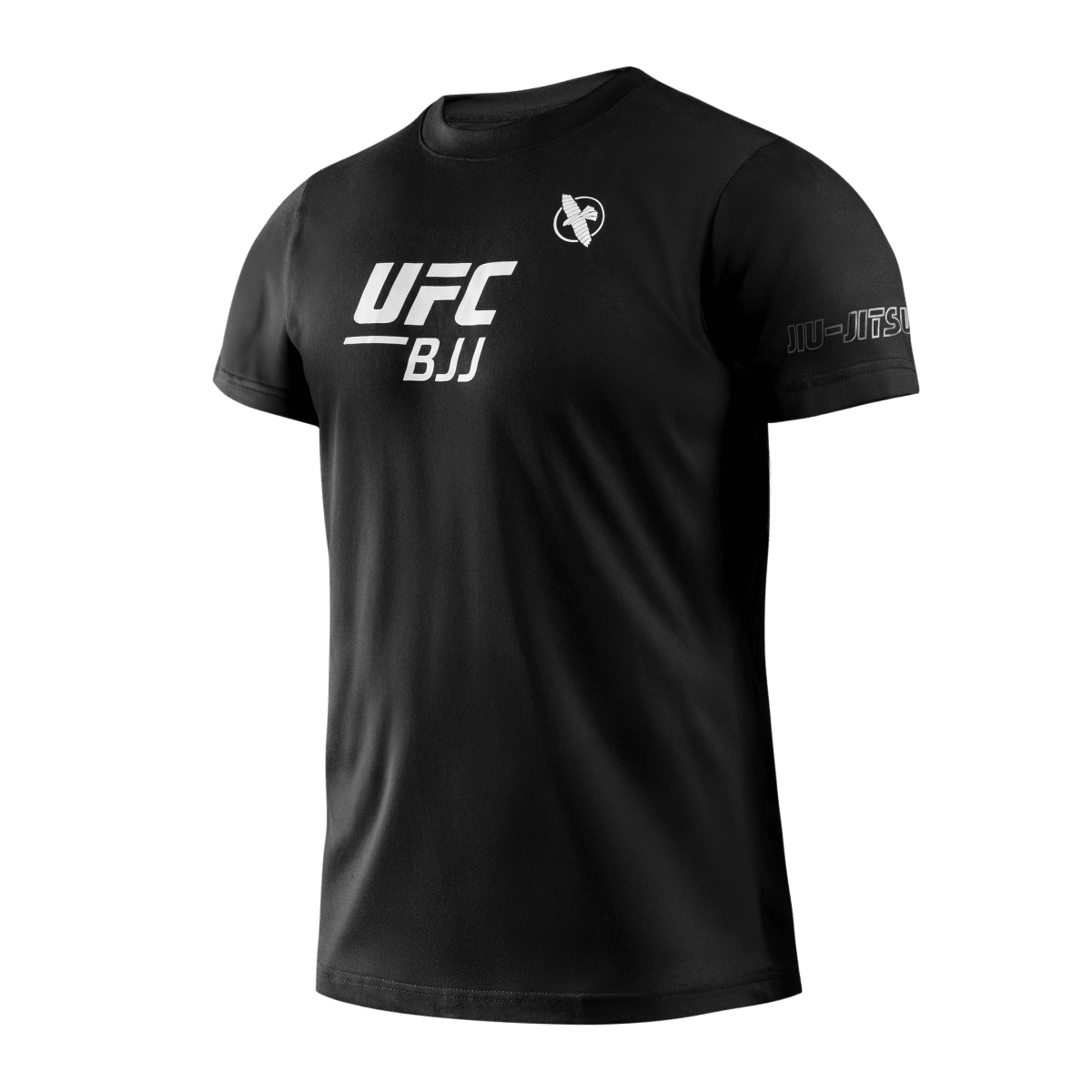 Vista frontal de la camiseta unisex negra de Hayabusa UFC BJJ, con el logo oficial de 'UFC BJJ' impreso en el pecho