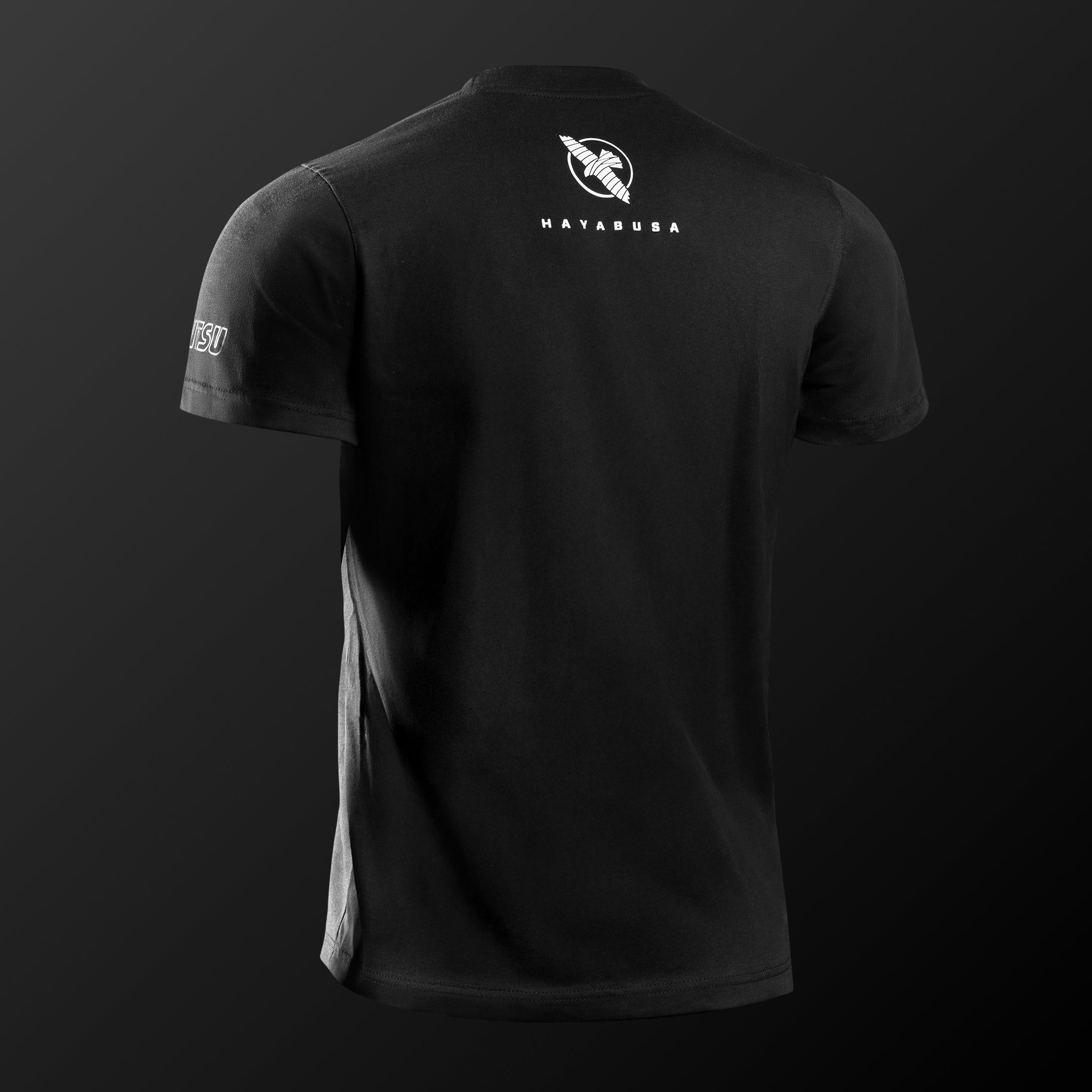 Vista posteriore della t-shirt Hayabusa UFC BJJ nera, design minimalista e taglio atletico per training